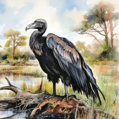 A digitally printed 100% cotton fabric panel featuring a vulture standing on a log with a scenic background.