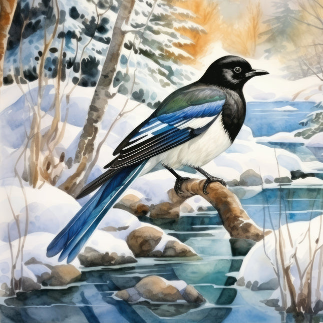 A fabric panel featuring a digitally printed Magpie bird perched on a branch with snow and water in the background.
