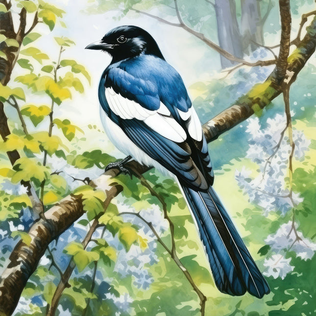 A digitally printed 100% cotton fabric panel featuring a blue and black magpie bird perched on a branch with green leaves in the background.