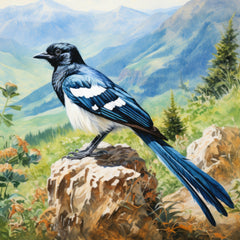 A fabric panel featuring an image of a magpie bird perched on a rock, with a scenic background.