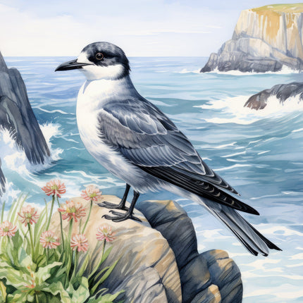 A digitally printed 100% cotton fabric panel featuring a bird perched on a rock with a ocean and cliffs in the background.