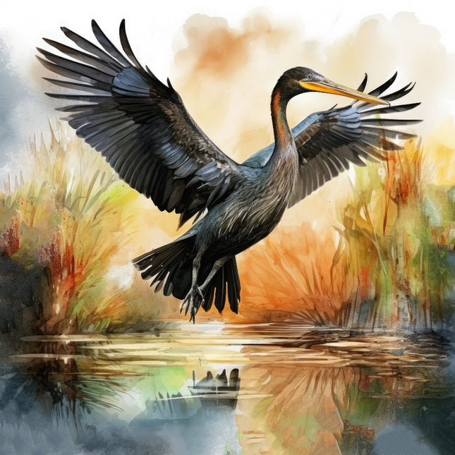 A digitally printed fabric panel featuring a black Anhinga bird in flight with wings spread over a reflective water surface surrounded by autumn-colored foliage.