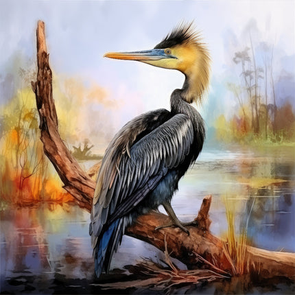 A digitally printed fabric panel featuring an anhinga bird perched on a branch with a wetland background.