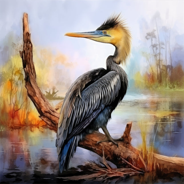 A digitally printed fabric panel featuring an anhinga bird perched on a branch with a wetland background.