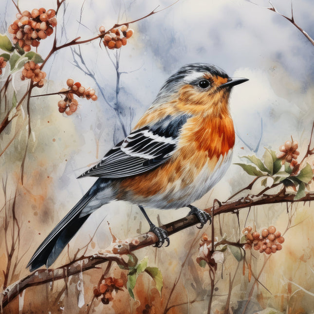 A digitally printed 100% cotton fabric panel featuring a colorful bird perched on a branch with berries.