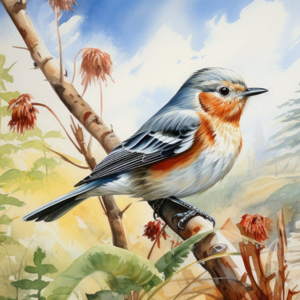 A digitally printed 100% cotton fabric panel featuring a realistic image of a wild bird perched on a branch with leaves and flowers in the background.
