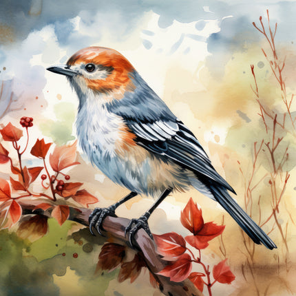 A digitally printed 100% cotton fabric panel featuring a wild bird perched on a branch with leaves.