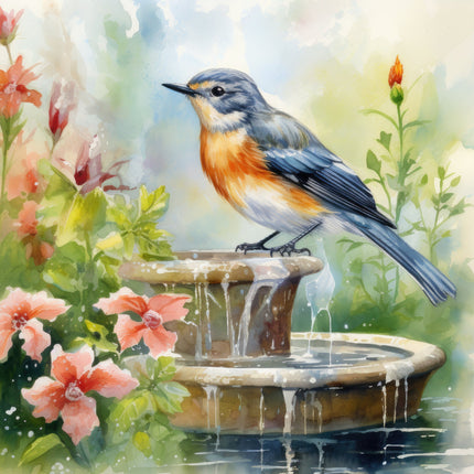 A fabric panel featuring a watercolor illustration of a bird perched on a fountain with flowers in the background.