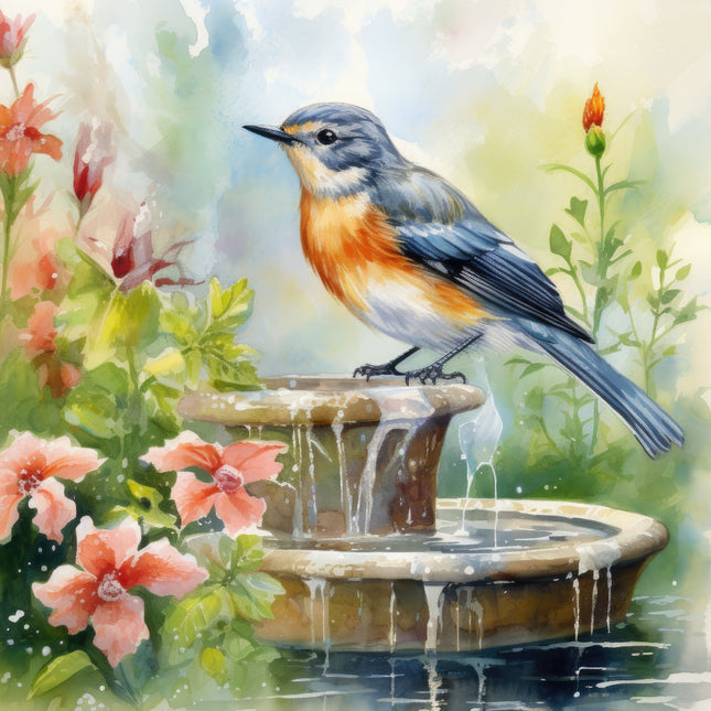 A fabric panel featuring a watercolor illustration of a bird perched on a fountain with flowers in the background.