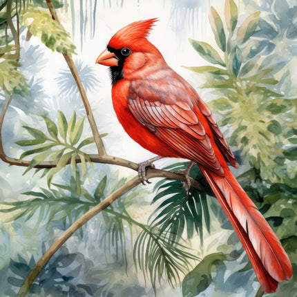 A digitally printed 100% cotton fabric panel featuring a red cardinal bird perched on a branch with green leaves in the background.