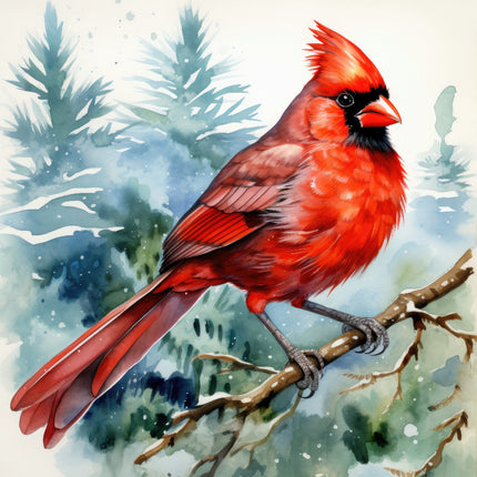 A digitally printed 100% cotton fabric panel featuring a red cardinal bird perched on a branch with snow-covered foliage in the background.