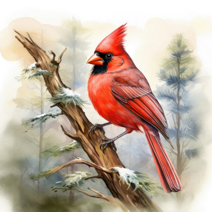 A digitally printed 100% cotton fabric panel featuring a red cardinal perched on a branch with snow and pine trees in the background.