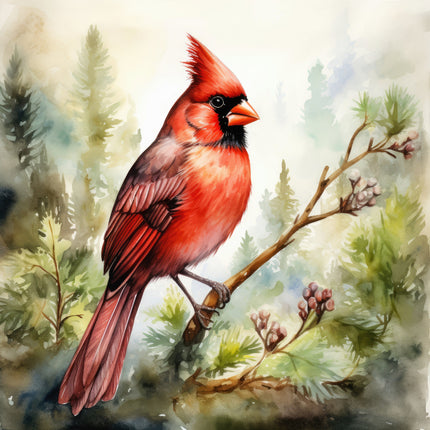 A digitally printed 100% cotton fabric panel featuring a red cardinal bird perched on a branch with green leaves in the background.