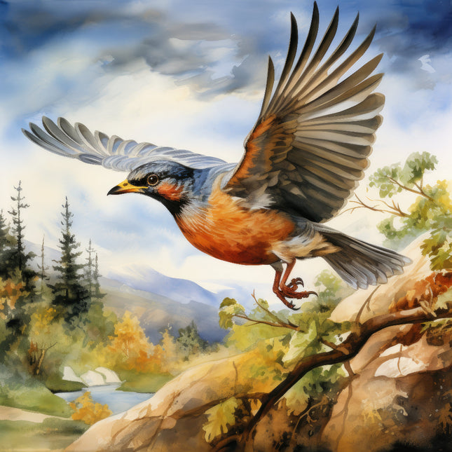 A fabric panel featuring a digitally printed image of a robin bird in flight against a natural landscape background.