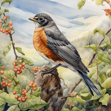 A digitally printed 100% cotton fabric panel featuring a bird perched on a branch with leaves and berries.