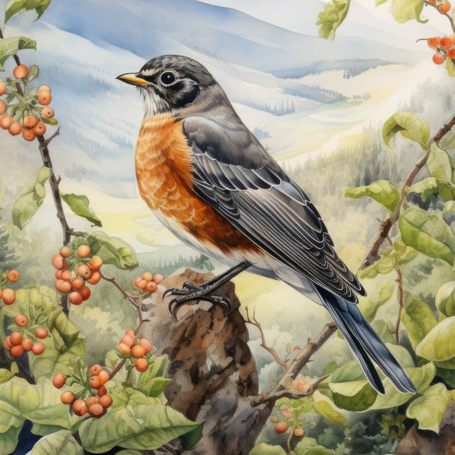 A digitally printed 100% cotton fabric panel featuring a bird perched on a branch with leaves and berries.