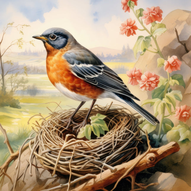 A fabric panel featuring an image of a robin bird perched on a nest with a floral background.