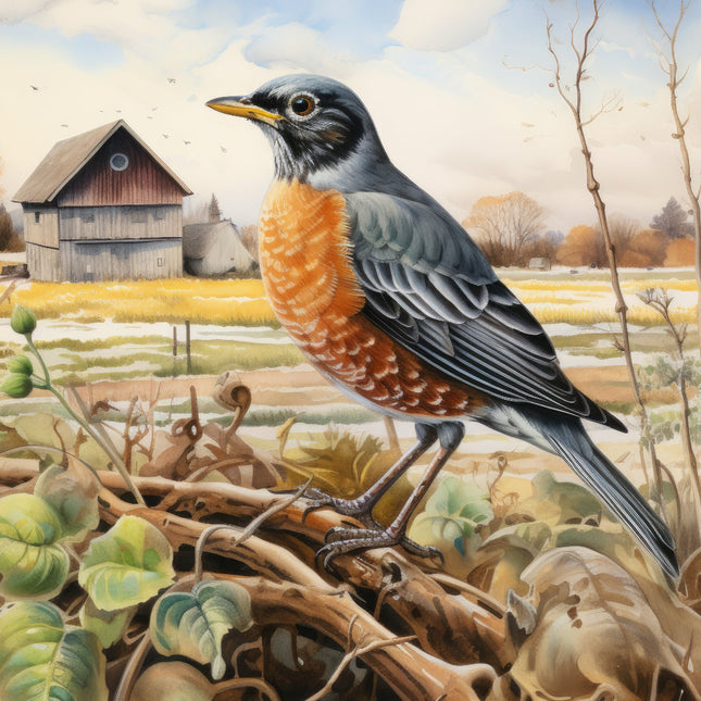 A fabric panel featuring an illustration of a robin bird perched on foliage, with a rustic shed in the background.