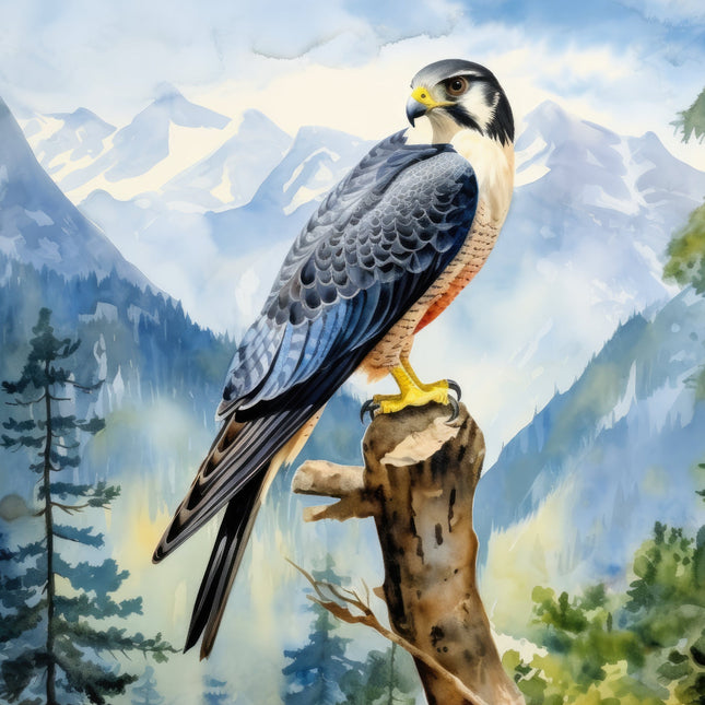 A fabric panel featuring a watercolor illustration of a falcon perched on a stump with a scenic mountainous background.