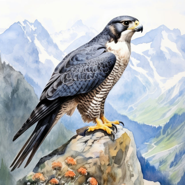 A digitally printed 100% cotton fabric panel featuring a realistic image of a falcon perched on a rock with a mountainous background.