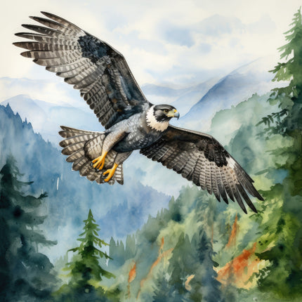 A fabric panel featuring a digitally printed image of a falcon in flight against a outdoor backdrop.