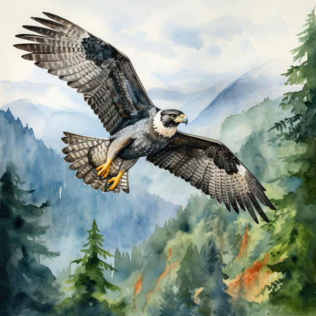A fabric panel featuring a digitally printed image of a falcon in flight against a outdoor backdrop.