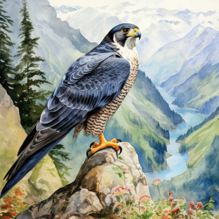 A fabric panel featuring a digitally printed image of a falcon perched on a rock with a scenic mountain and lake background.