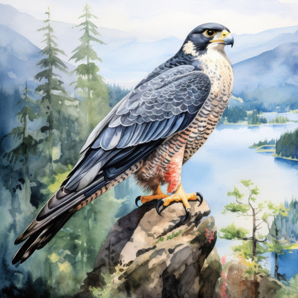 A fabric panel featuring a digitally printed image of a falcon perched on a rock, with a scenic background.