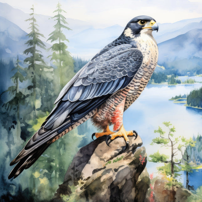 A fabric panel featuring a digitally printed image of a falcon perched on a rock, with a scenic background.