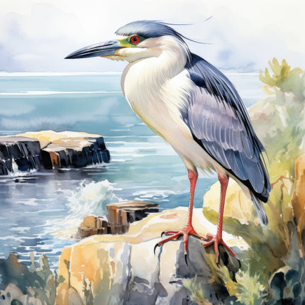 A digitally printed 100% cotton fabric panel featuring a blue heron bird perched on a rock beside a body of water.