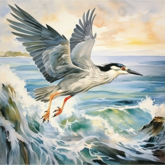 A digitally printed fabric panel featuring a blue heron in flight over a body of water with waves and rocks.