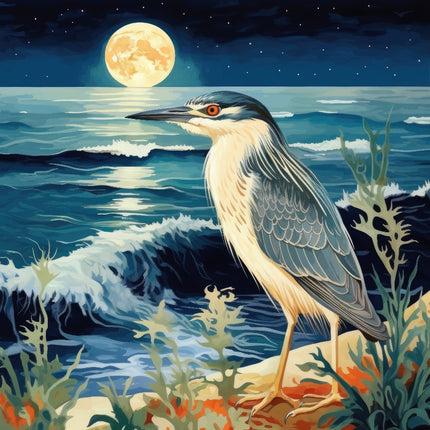 A fabric panel featuring an illustration of a blue heron bird standing in front of a moonlit ocean scene.