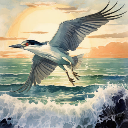 A fabric panel featuring a digitally printed blue heron in flight over ocean waves with a sunset in the background.