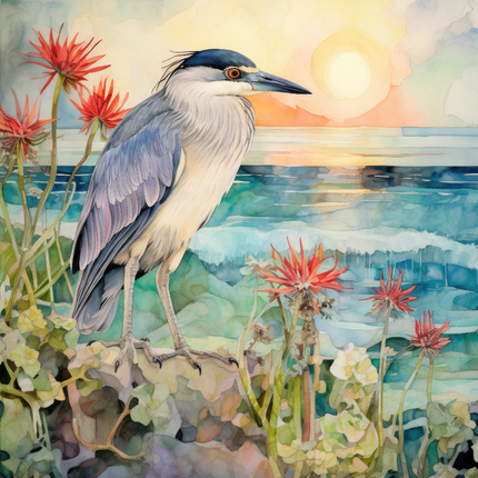 Artistic depiction of a heron among flowers with a sunset background fabric panel