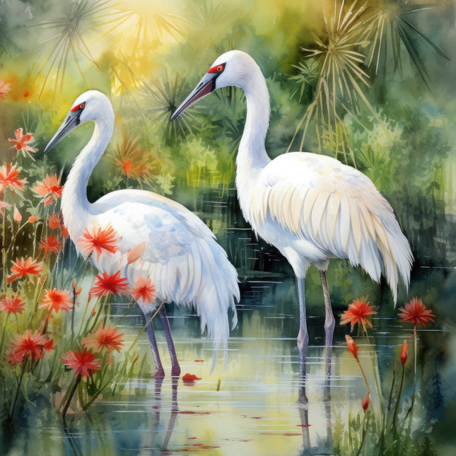 A digitally printed 100% cotton fabric panel featuring two white cranes standing in a wetland with red flowers and greenery in the background.