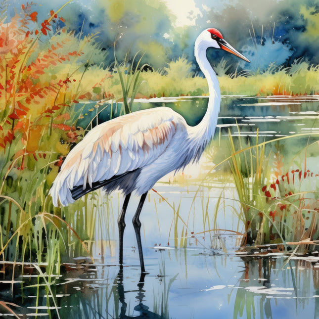 A digitally printed 100% cotton fabric panel featuring a crane bird standing in water with grasses and a colorful background.