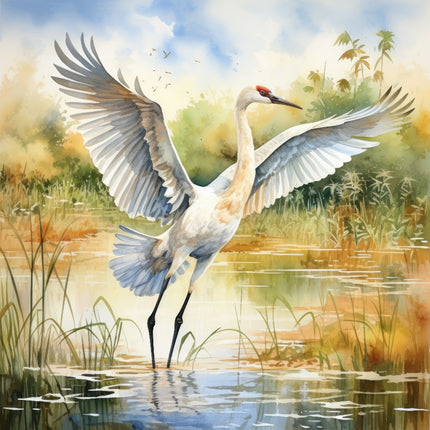 A digitally printed 100% cotton fabric panel featuring a crane bird with wings spread standing in a wetland setting.