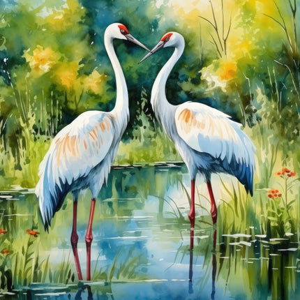 A digitally printed 100% cotton fabric panel featuring two cranes standing in a wetland with greenery and water reflection.
