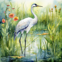 A fabric panel featuring a digitally printed white crane bird standing in a wetland with green grasses and pink flowers.