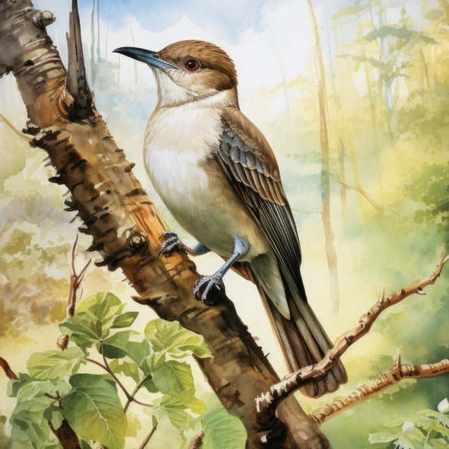 A digitally printed 100% cotton fabric panel featuring a cuckoo bird perched on a branch with leaves in the background.