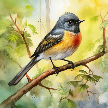 A digitally printed 100% cotton fabric panel featuring a redstart bird perched on a branch with green leaves in the background.