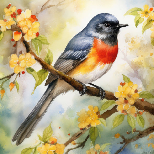 A fabric panel featuring a watercolor illustration of a redstart bird perched on a branch with yellow flowers.