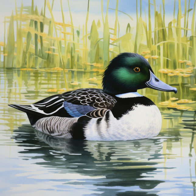 A digitally printed 100% cotton fabric panel featuring a duck swimming in a body of water with grassy background.