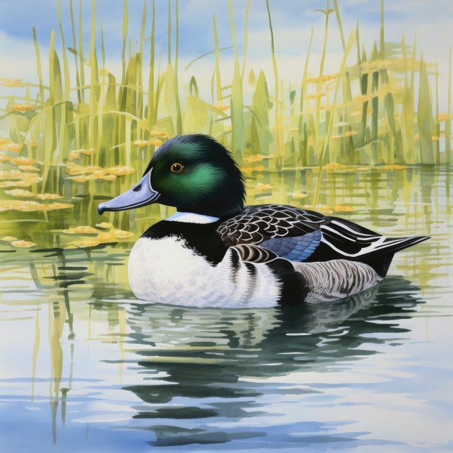 Duck swimming in water with reeds in the background quilt panel