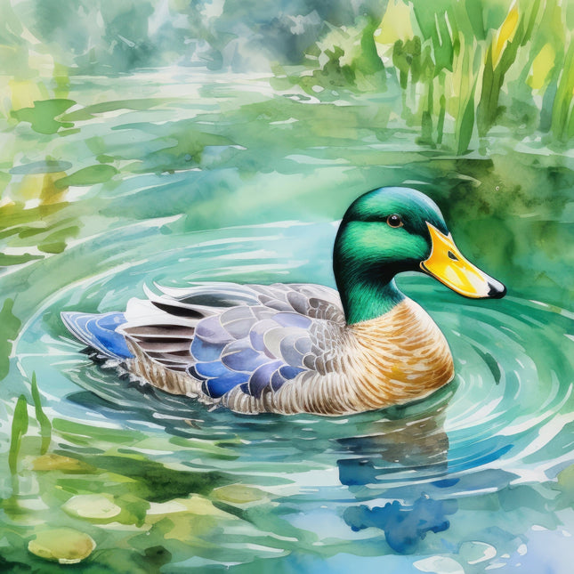 A digitally printed 100% cotton fabric panel featuring a mallard duck swimming in a body of water 