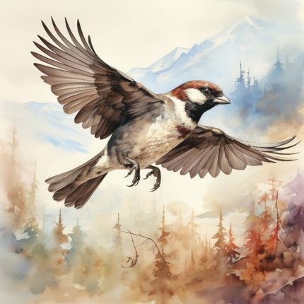 A digitally printed 100% cotton fabric panel featuring a sparrow bird in flight with a mountainous landscape in the background.
