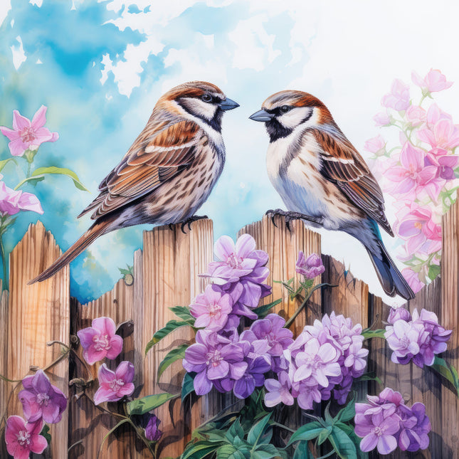 A fabric panel featuring two sparrows perched on a fence with purple flowers in the background.