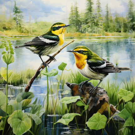A fabric panel featuring two green warbler birds perched on a branch with a scenic background including water and trees.