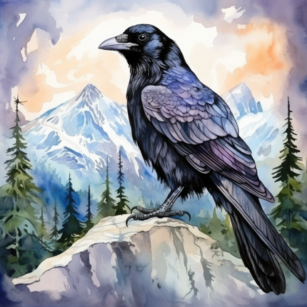 A fabric panel featuring a digitally printed raven perched on a rock, with a scenic background of mountains and pine trees.