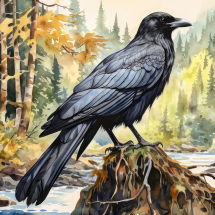 A digitally printed 100% cotton fabric panel featuring a black raven perched on a stump with a forest background.